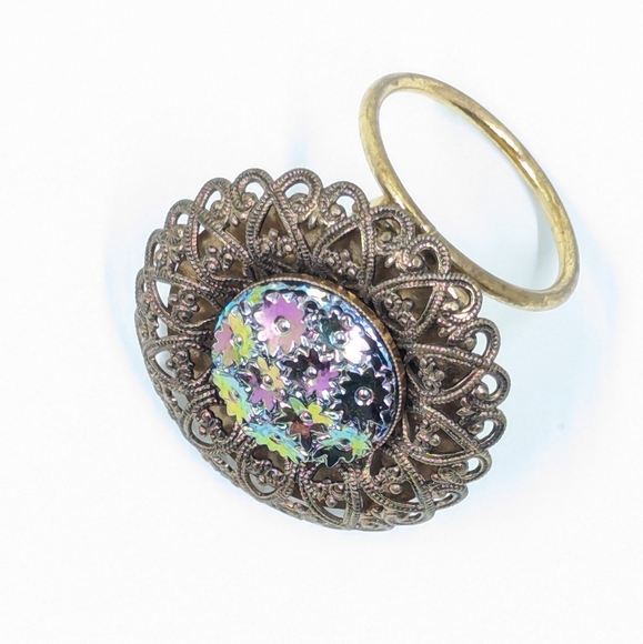 Vintage Western Germany Scarf Clip w/ Iridescent Flower Beads Encased Filigree - Picture 3 of 5